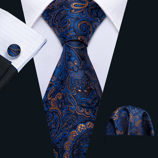 Barry. Wang Blue Tie Silk Gold Paisley Jacquard Necktie Pocket Square Cufflinks Set for Men Prom