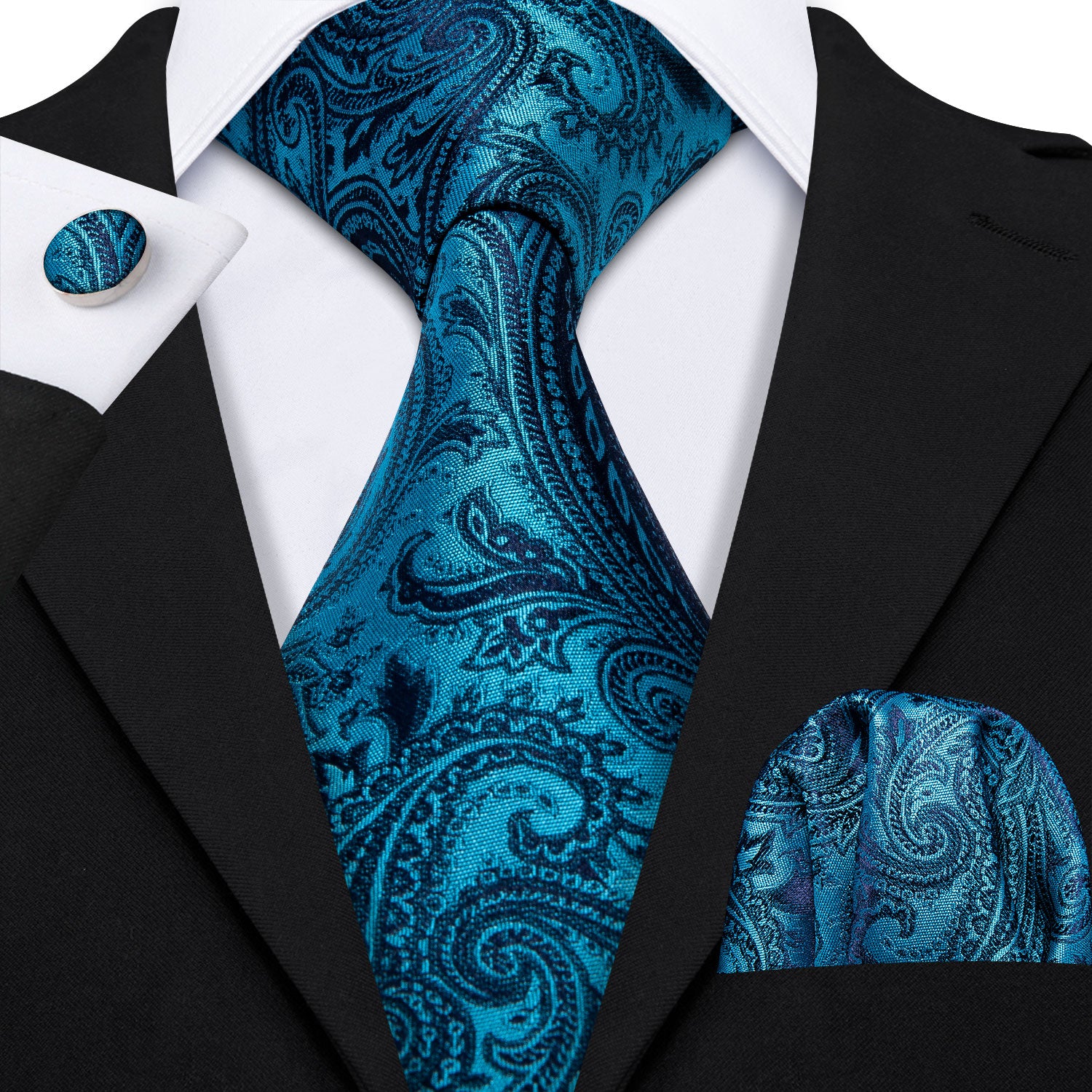 Barry. Wang Sky -Blue Paisley Men's Necktie Pocket Square Cufflinks Set