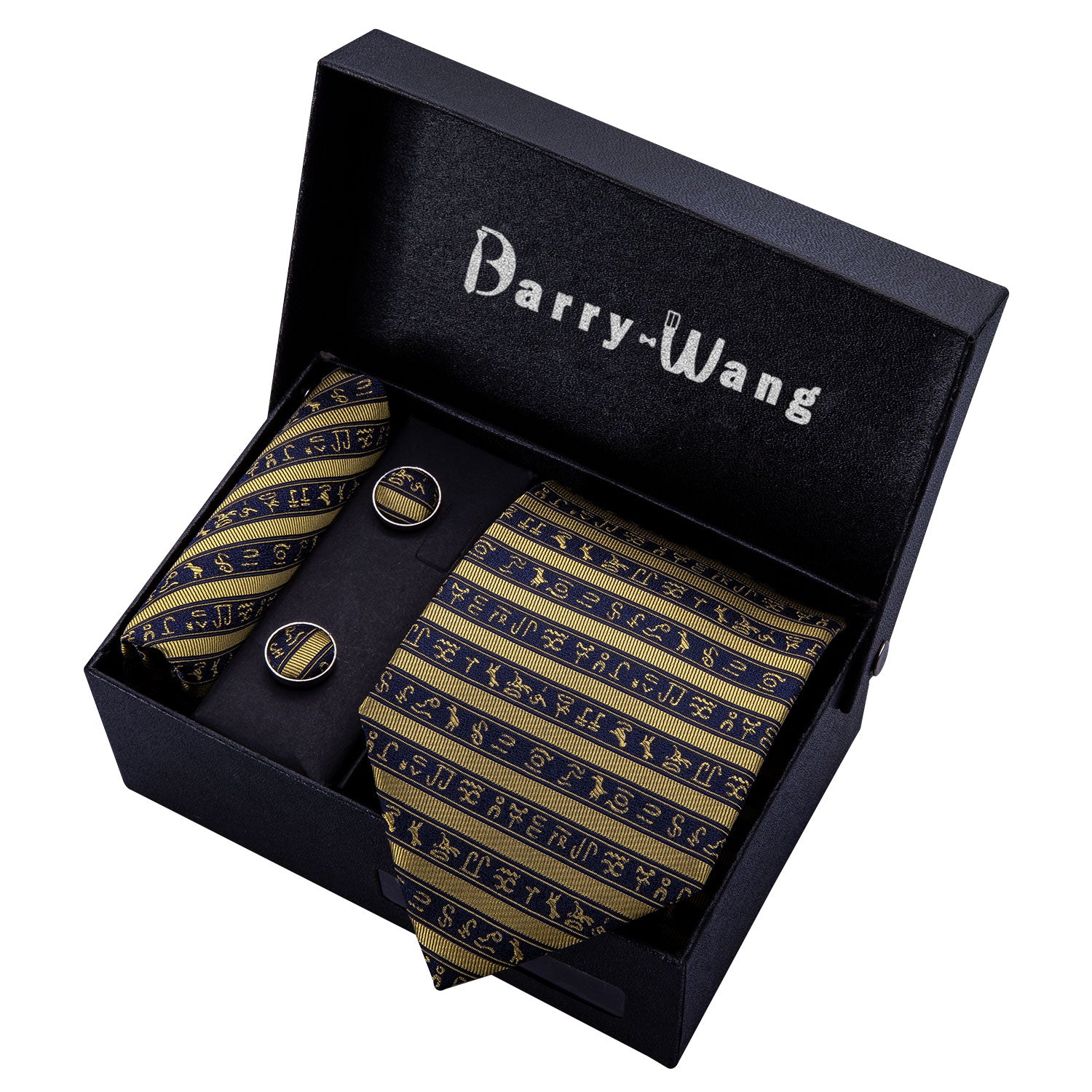 Barry. Wang Deep Blue Yellow Striped Necktie Pocket Square Cufflink Clip Gift Box Set