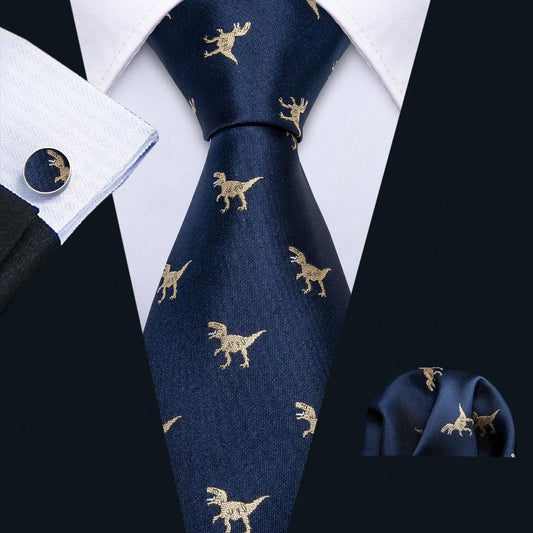 Barry. Wang Animal Burgundy Necktie Dinosaur Silk Tie Handkerchief Cufflinks Set for Business