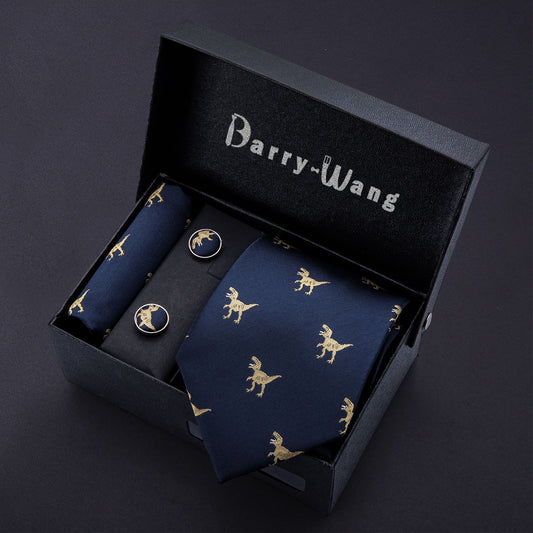 Barry. Wang Novelty Blue Dinosaur Necktie Pocket Square Cufflink Clip Gift Box Set