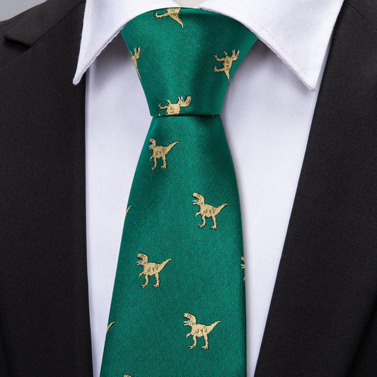 Barry. Wang Green Tie Jacquard Dinosaur Silk Men's Tie Hanky Cufflinks Set
