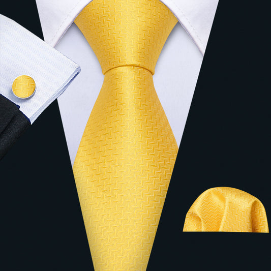 Men's Yellow Novelty Silk Tie Pocket Square Cufflinks Set