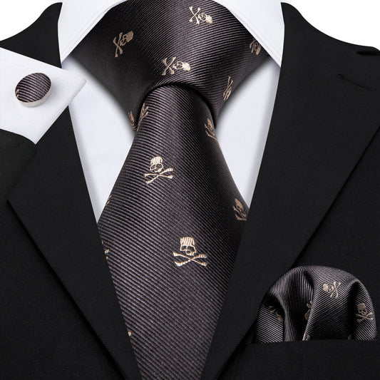 Barry. Wang Gray Tie Novelty Halloween Skull Tie Hanky Cufflinks Set