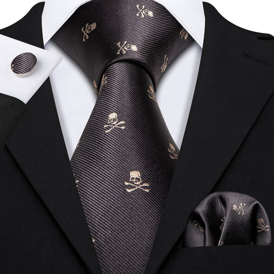 Barry. Wang Novelty Gray Halloween Skull Necktie Alloy Lapel Pin Brooch Pocket Square Cufflinks Gift Box Set