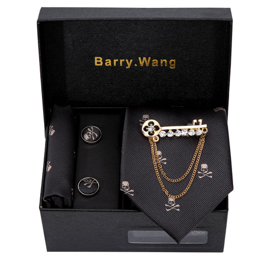 Barry. Wang Novelty Gray Halloween Skull Necktie Alloy Lapel Pin Brooch Pocket Square Cufflinks Gift Box Set