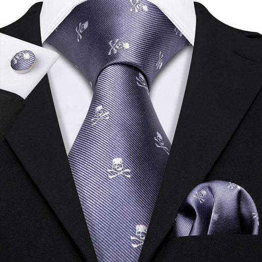 Black suit halloween tie Blue grey tie white jacquard skull festival necktie for fun