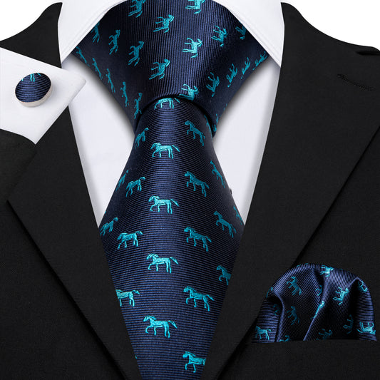 Novelty Horse Pattern Blue Ties Men Tie Hanky Cufflinks Set
