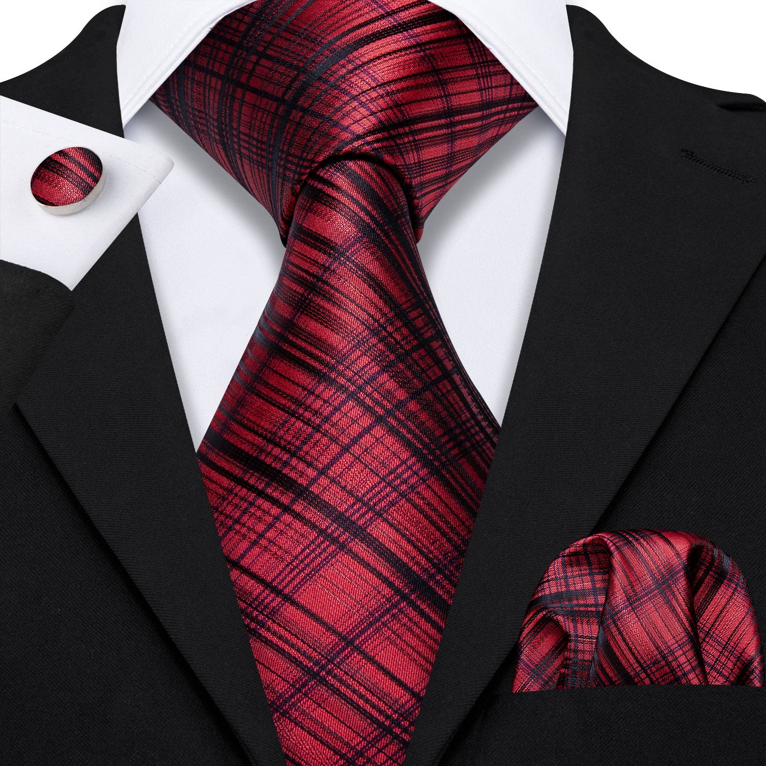 High Gloss Red and Black  Stripe Tie Pocket Square Cufflinks Set