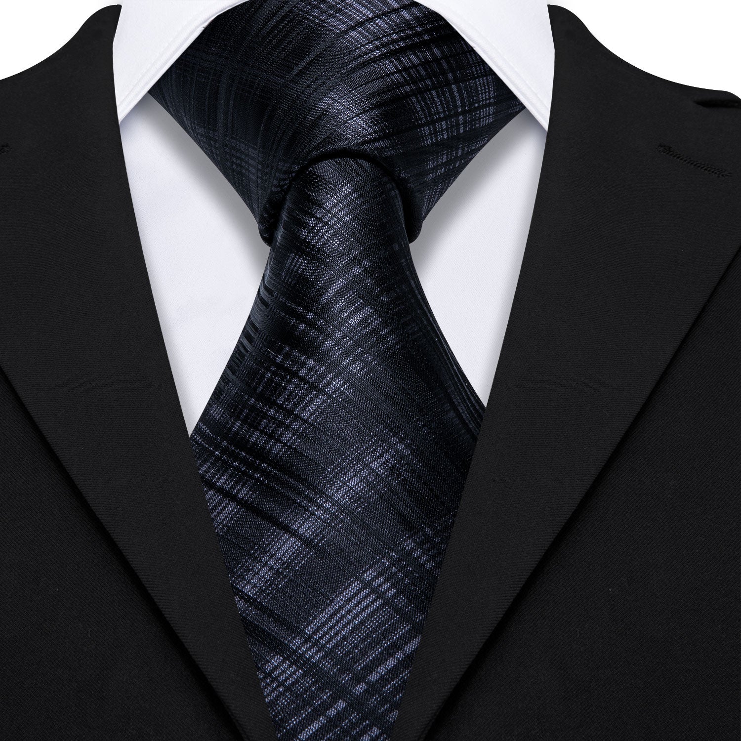 High Gloss Black and Gray Stripe Tie Pocket Square Cufflinks Set