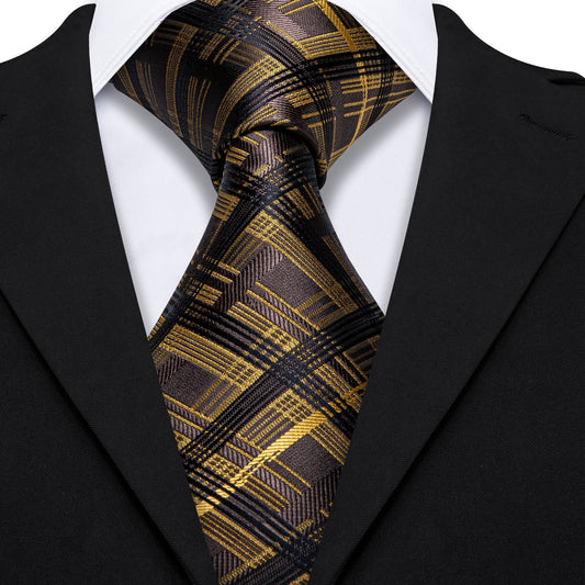 Brown Yellow Stripe Plaid Tie Pocket Square Cufflinks Set