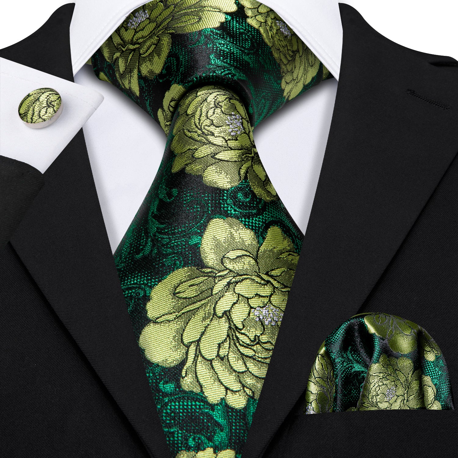 Barry. Wang Dark Green Floral Tie Tie Hanky Cufflinks Set Barry. Wang Dark Green Floral Tie Tie Hanky Cufflinks Set