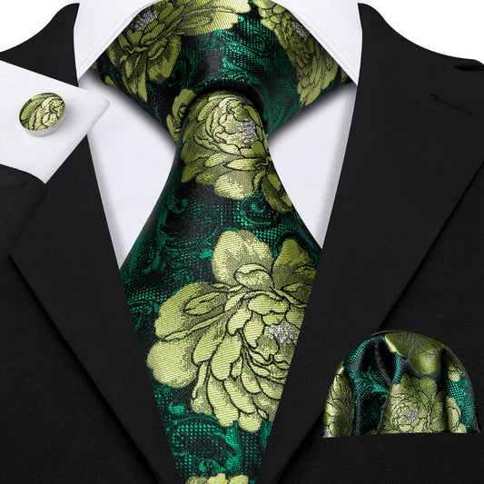 Barry. Wang Dark Green Floral Tie Tie Hanky Cufflinks Set