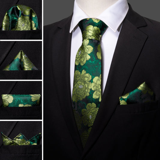 Barry. Wang Dark Green Floral Tie Tie Hanky Cufflinks Set