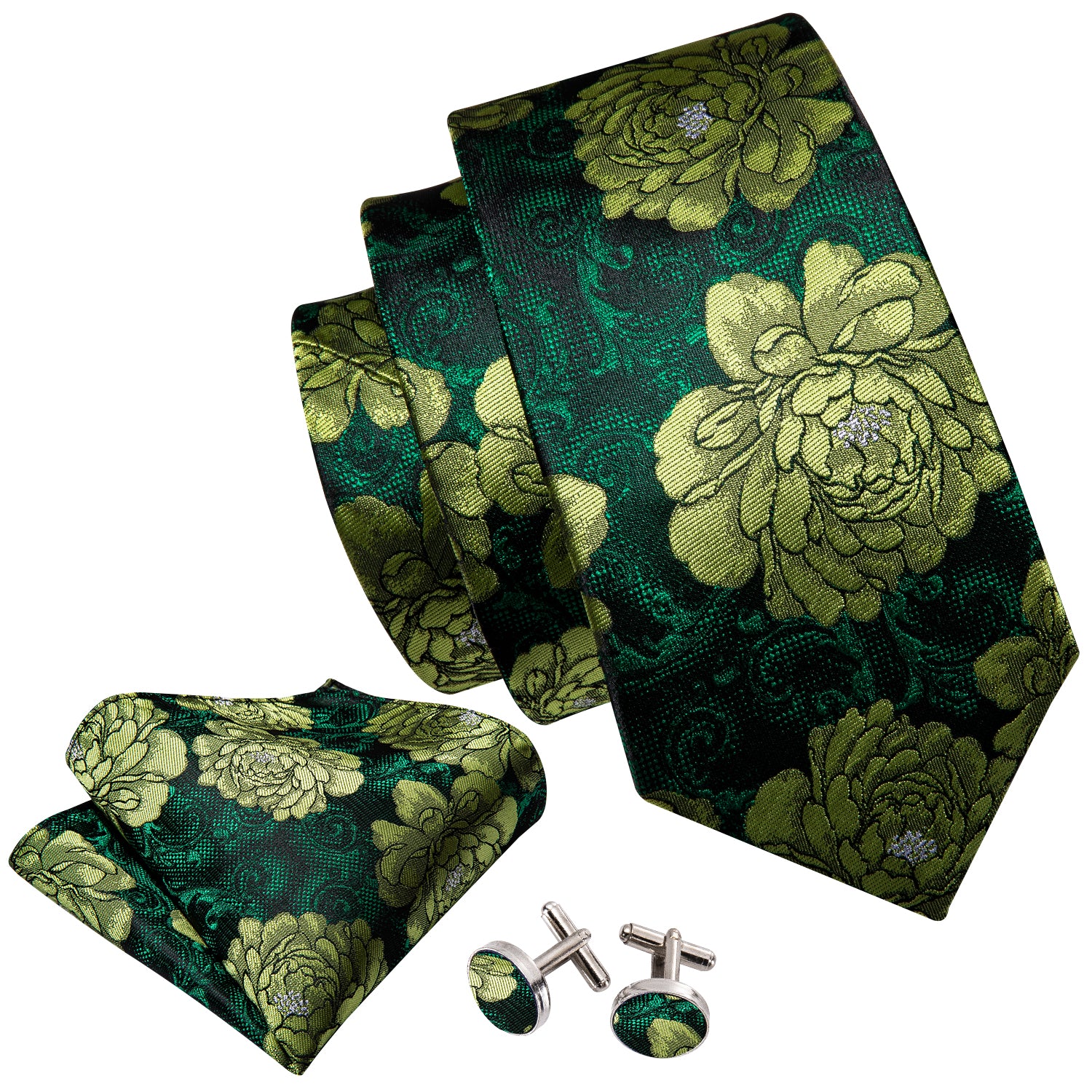 Barry Wang Luxury Dark Green Floral Tie Tie Hanky Cufflinks Set
