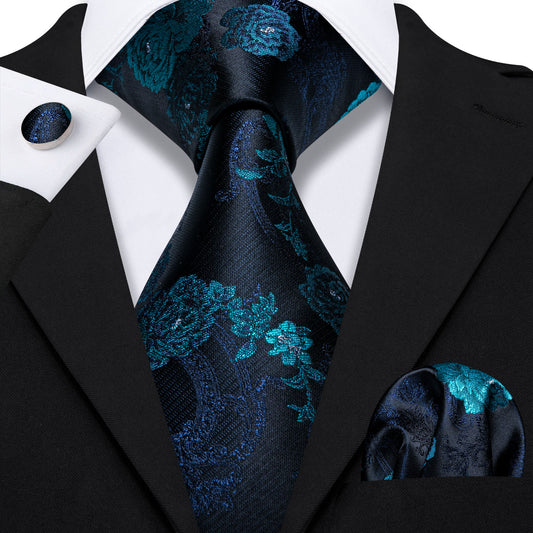 Black Blue Floral Black Silk Tie Pocket Square Cufflinks Set