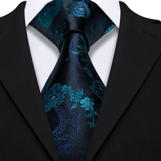 Black Blue Floral Black Silk Tie Pocket Square Cufflinks Set