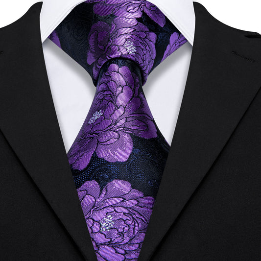 Barry. Wang Purple Floral Tie Pocket Square Cufflinks Set