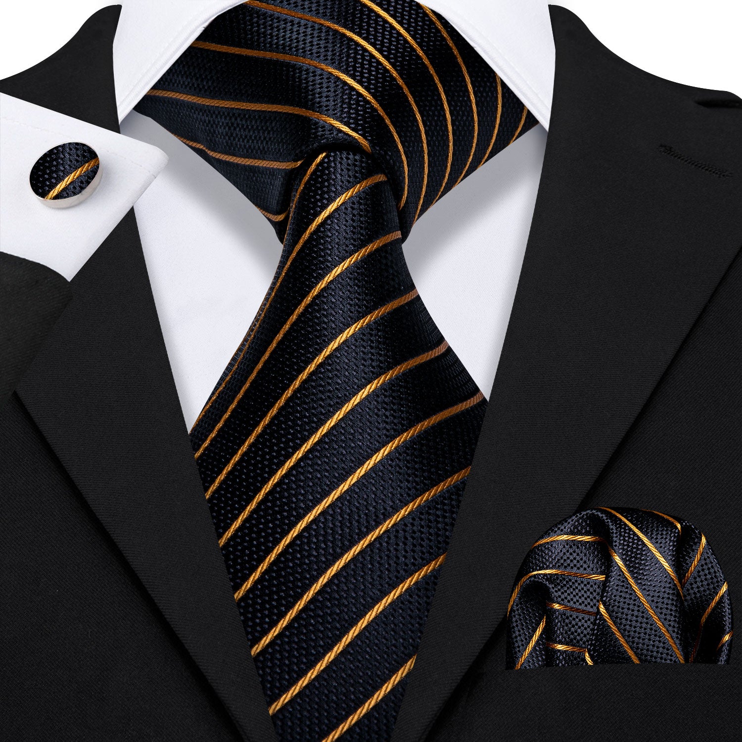 Black Tie Gold Stripes Tie Lapel Pin Hanky Cufflinks Set
