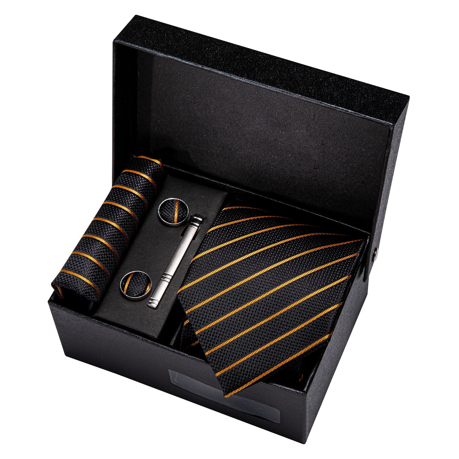 Black Gold Striped Necktie Hanky Cufflink Clip Gift Box Set