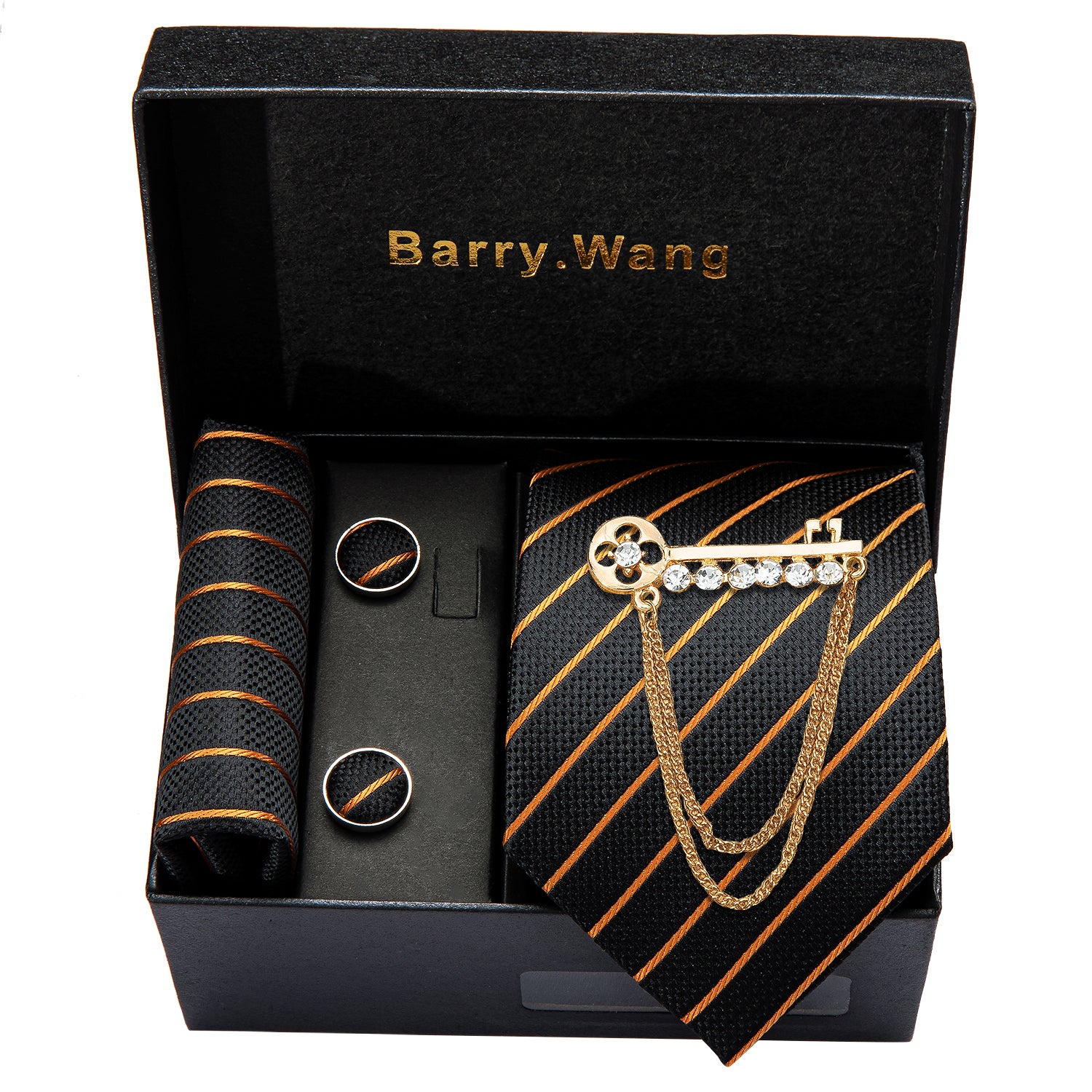 Barry. Wang Gold Stripe Black Necktie Alloy Lapel Pin Brooch Pocket Square Cufflinks Gift Box Set