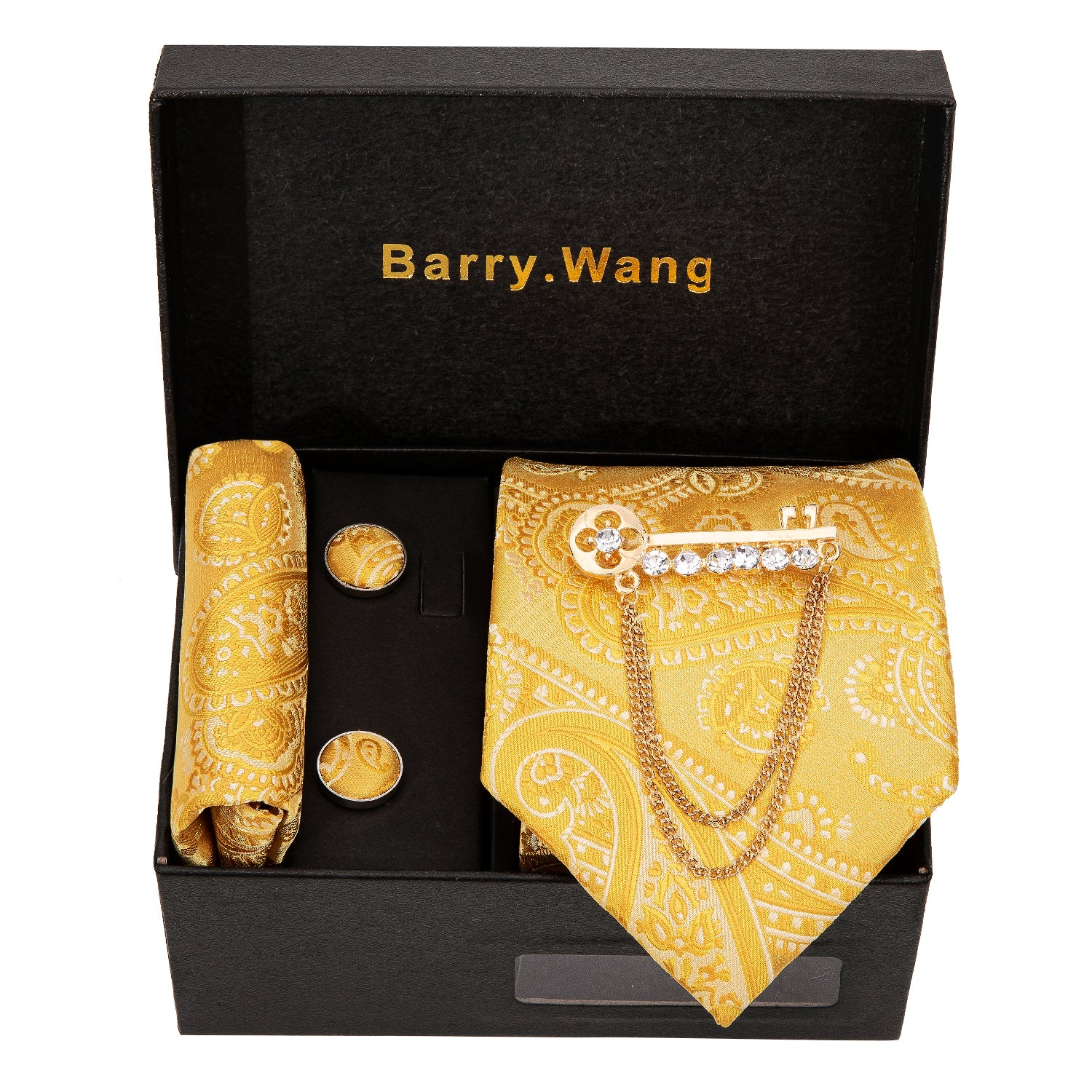 Barry. Wang Gold Color Floral Necktie Alloy Lapel Pin Brooch Pocket Square Cufflinks Gift Box Set