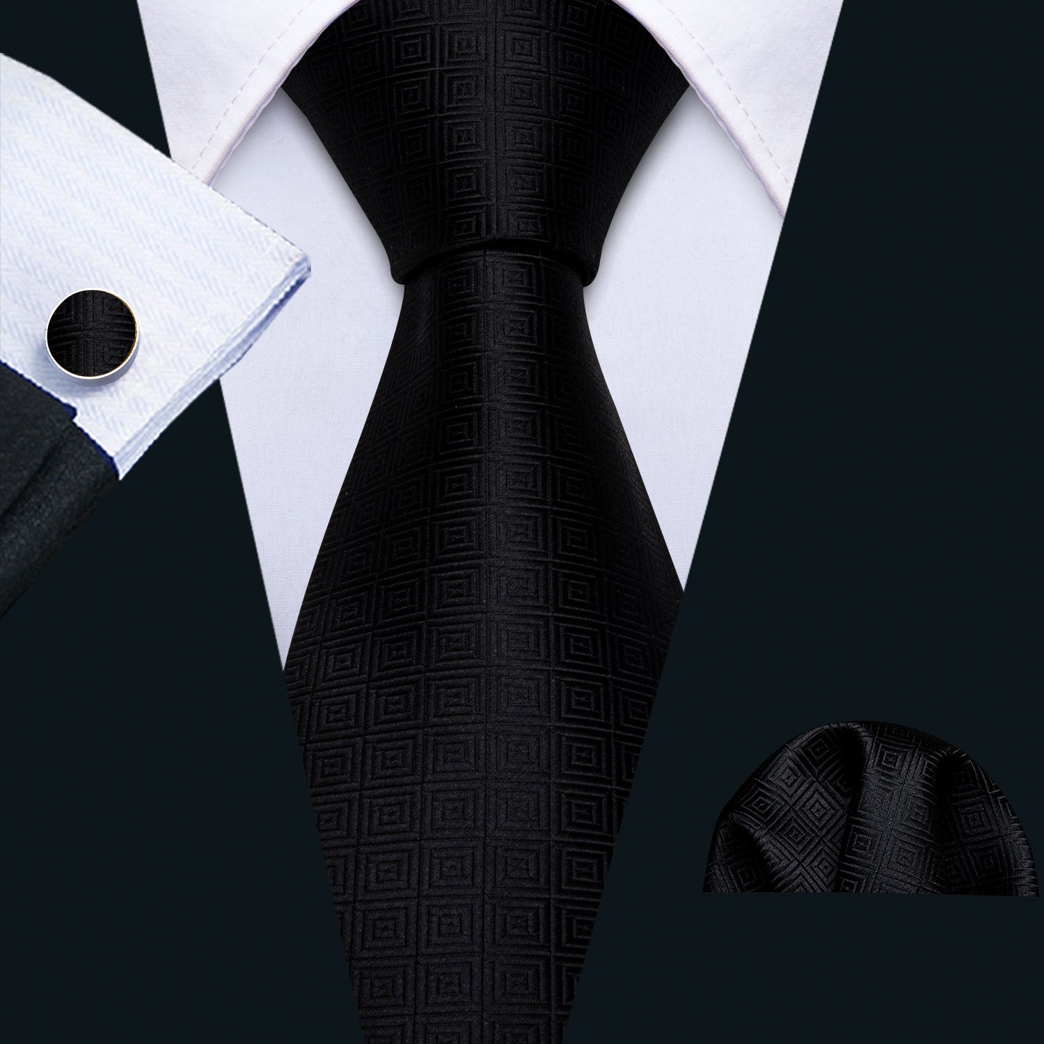 Black Novelty Silk Tie Pocket Square Cufflinks Set