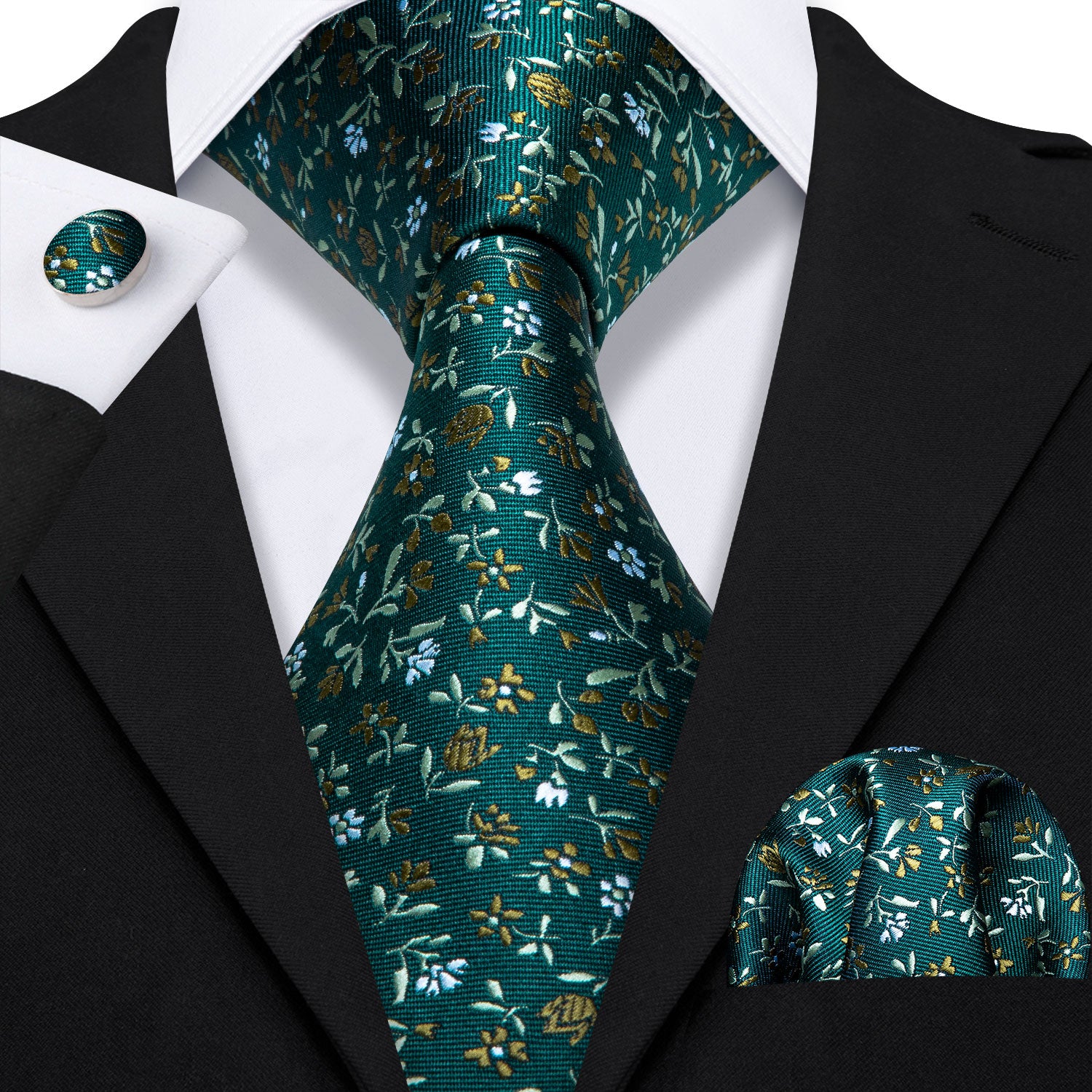 Barry. Wang Mens Floral Tie Silk Hunter Green Gold Necktie Pocket Square Cufflinks Set for Party Barry. Wang Mens Floral Tie Silk Hunter Green Gold Necktie Pocket Square Cufflinks Set for Party