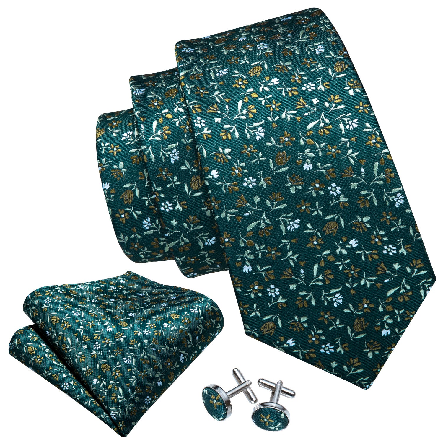Barry Wang Men's Tie Olive Green Small Floral Tie Hanky Cufflinks Set