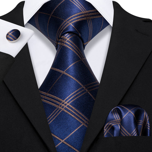 Deep Blue Gold Stripe Plaid Tie Pocket Square Cufflinks Set