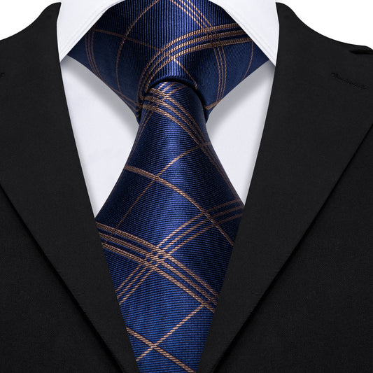 Deep Blue Gold Stripe Plaid Tie Pocket Square Cufflinks Set