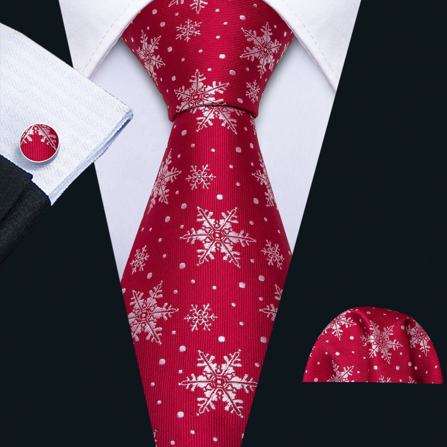 Barry.wang Christmas Tie Red White Snowflake Silk Men's Tie Pocket Square Cufflinks Set