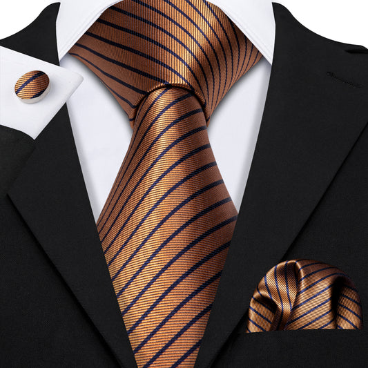 Brown necktie and navy blue stripes white long sleeve shiirts