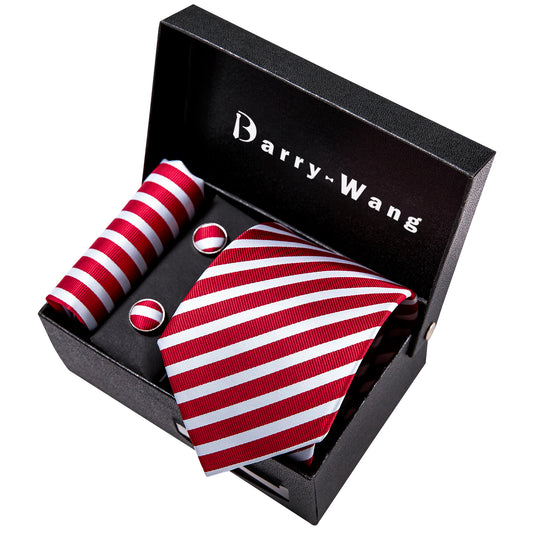 White Red Stripe Tie Hanky Cufflinks Gift Box Set for Men