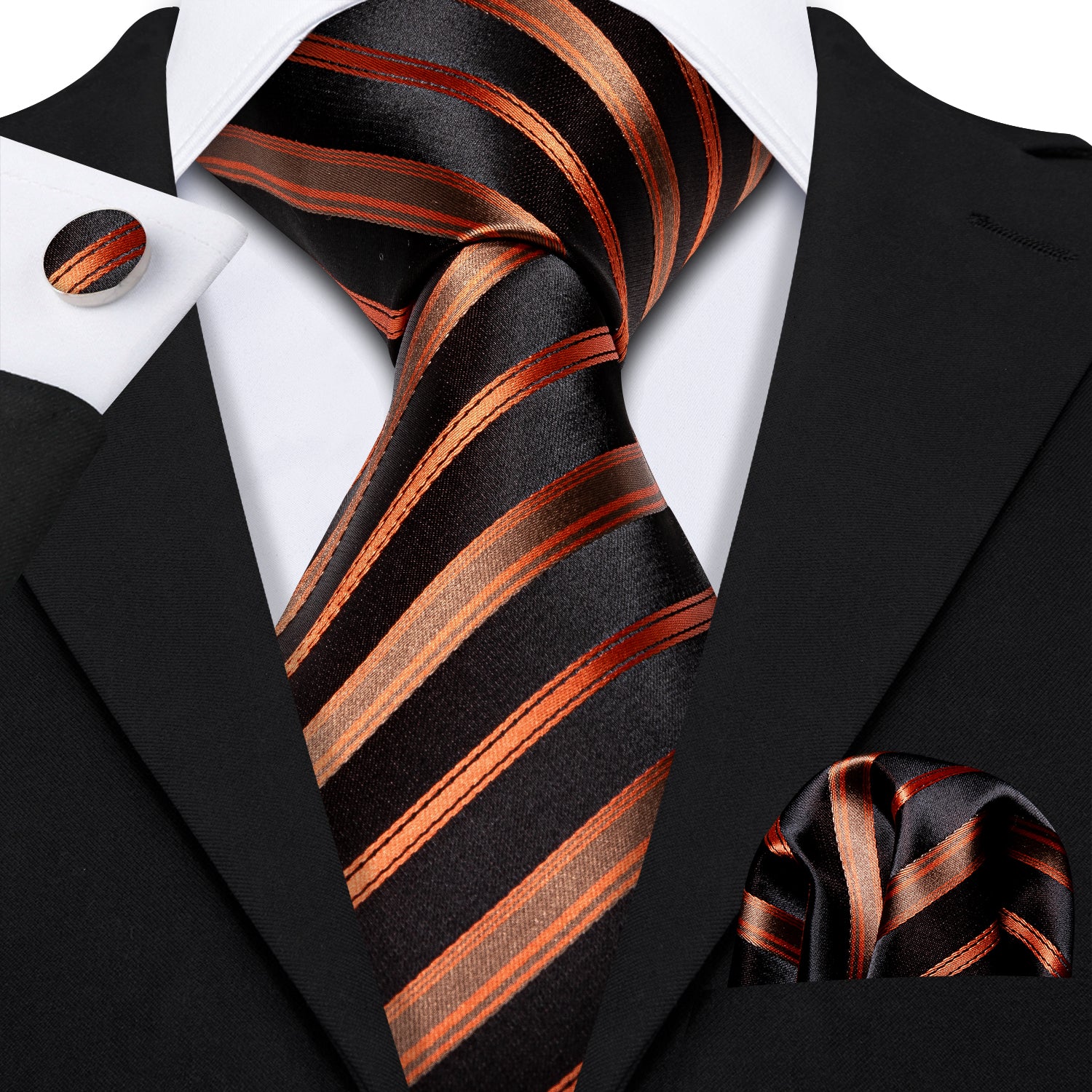 Orange Black Brown Stripe Tie Hanky Cufflinks Set