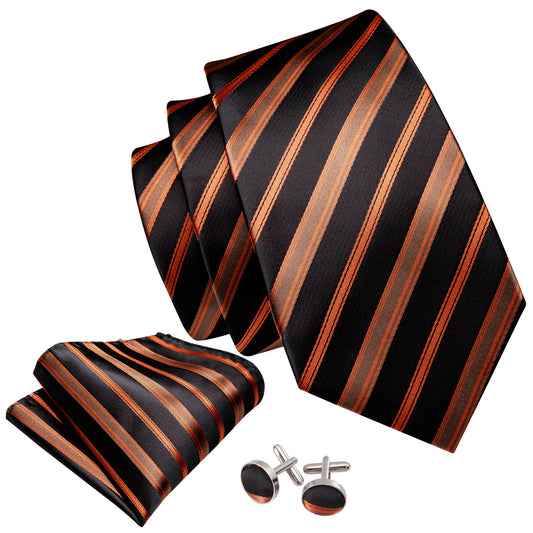 Black suit White shiry black necktie with jacquard orange stripes men's tie Pocket squaaare and cufflinks