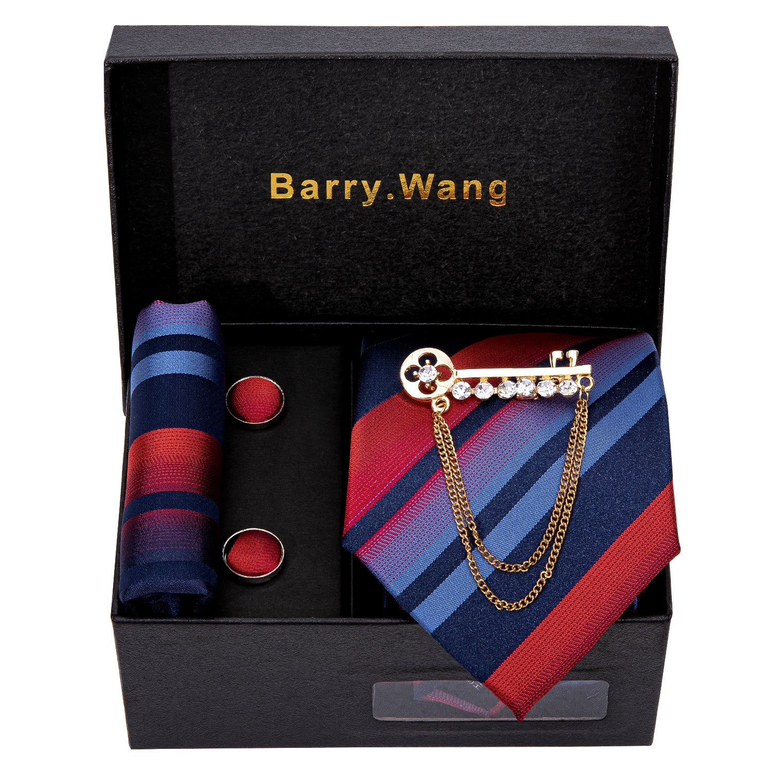 Barry. Wang Blue Red Gradient Stripe Necktie Alloy Lapel Pin Brooch Pocket Square Cufflinks Gift Box Set