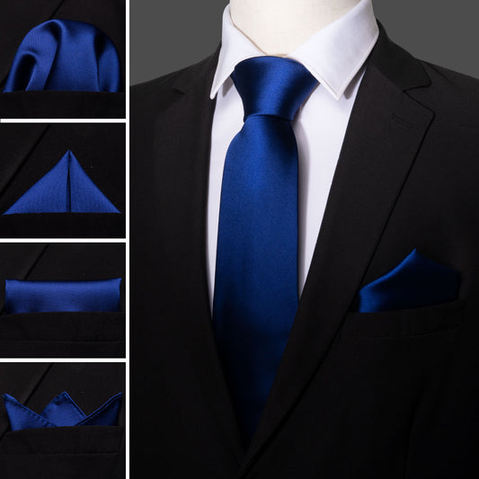 Barry. Wang Royal Blue Tie Set Solid Stain Necktie Hanky Cufflinks Set for Men Wedding Business