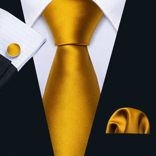 Men's Gold Necktie Solid Wedding Tie Hanky Cufflinks Set