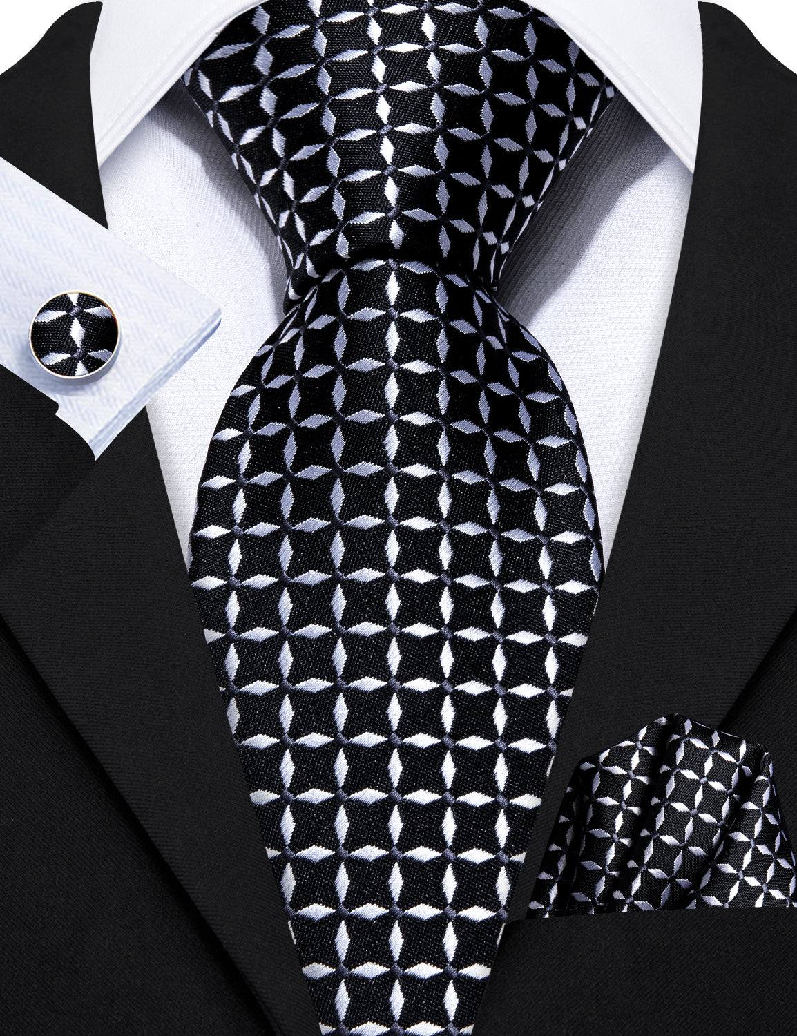 Barry.wang Black Tie White Plaid Silk Tie Pocket Square Cufflinks Set