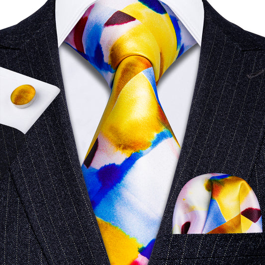 Barry. Wang Yellow Blue Novelty Print Silk Tie Hanky Cufflinks Set