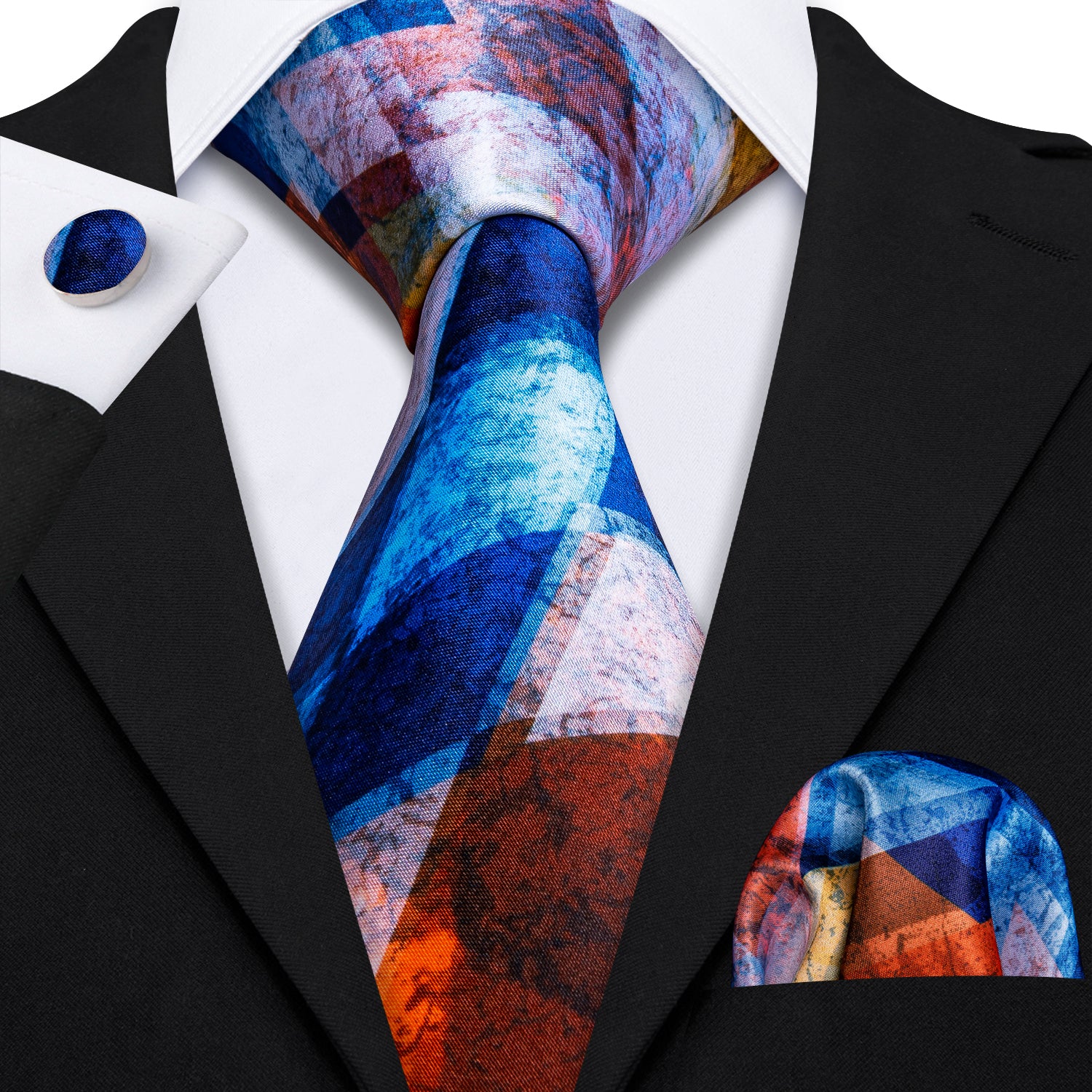 Black suit white shirt blue necktie orange white men's necktie