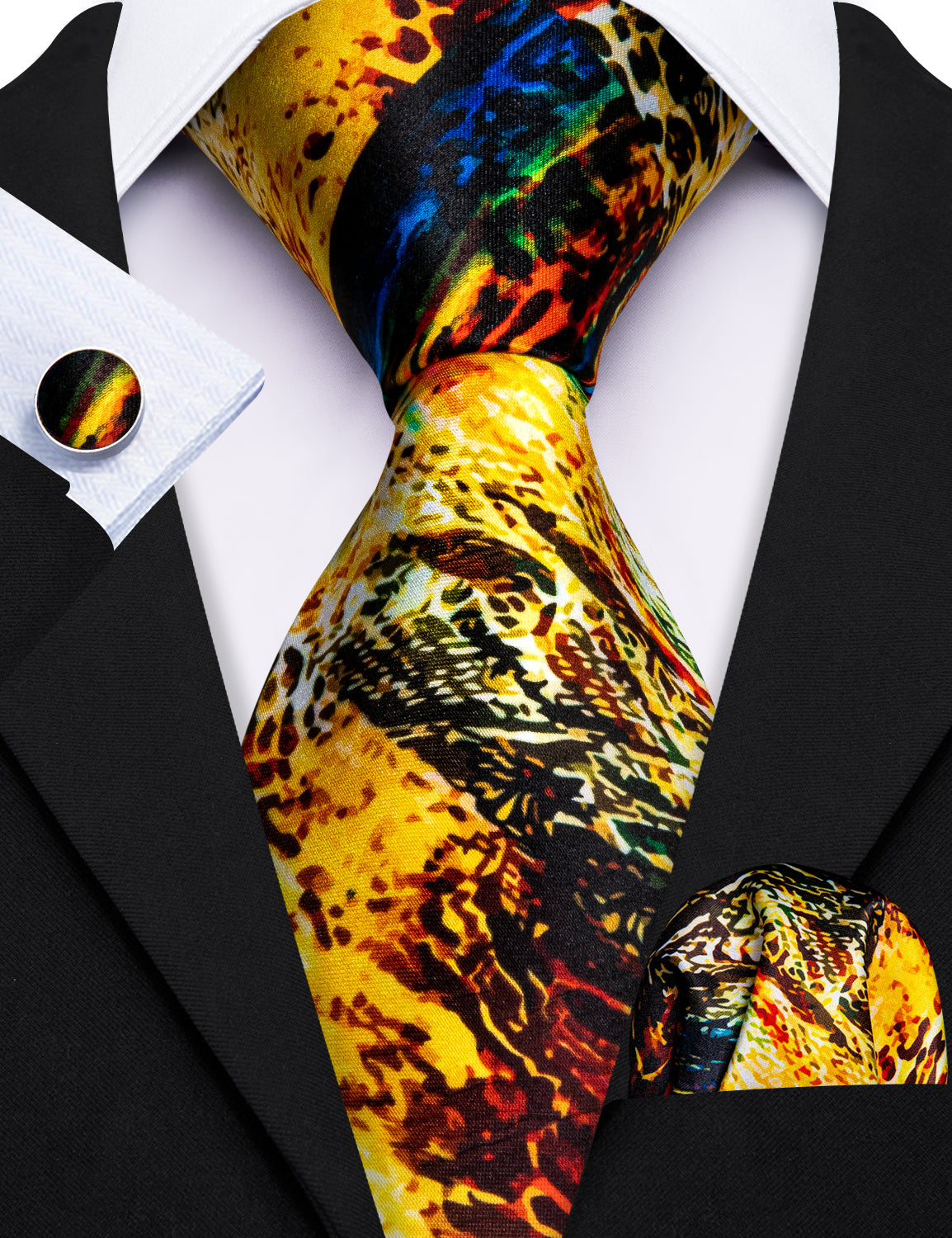 Golden Black Novelty Print Silk Tie Hanky Cufflinks Set