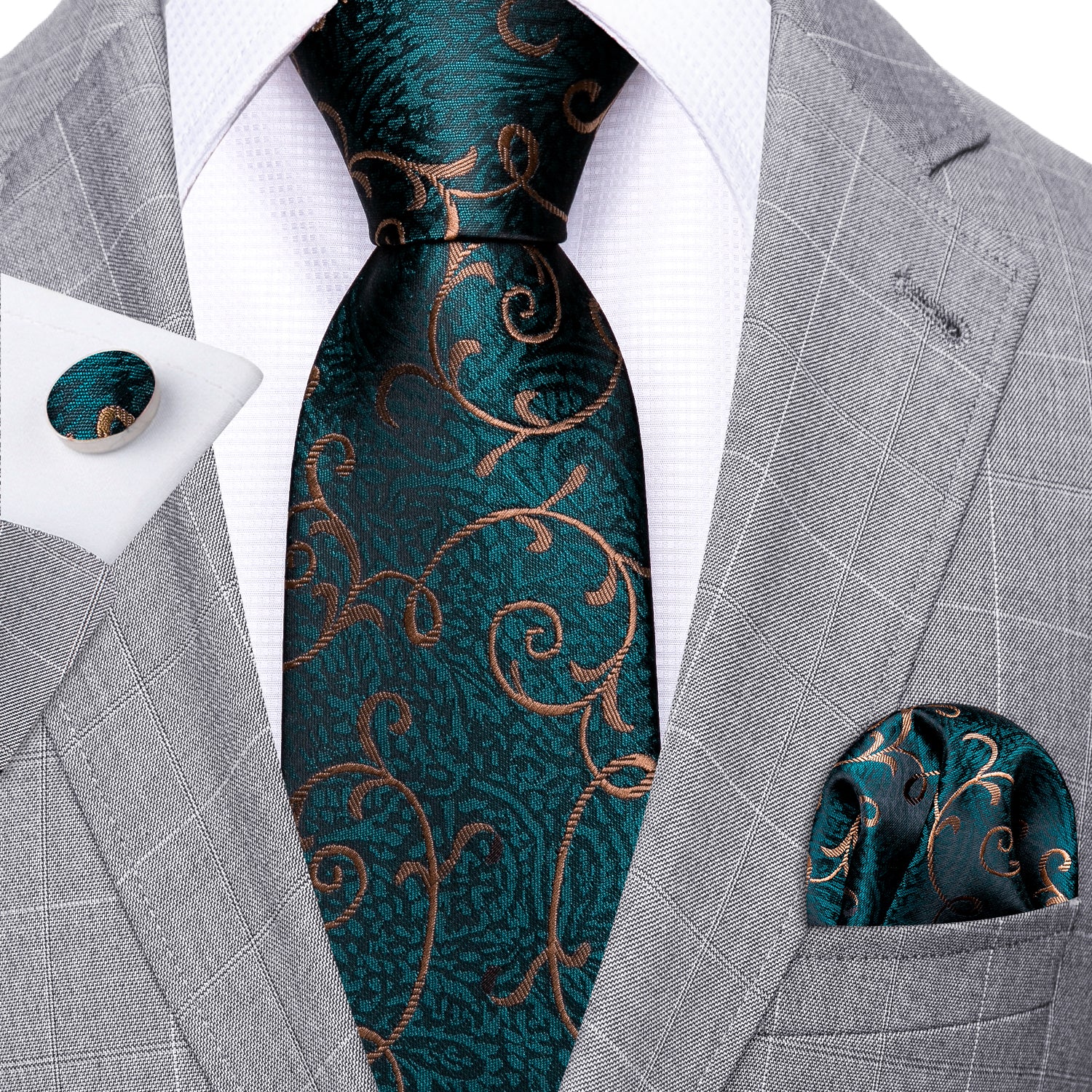  Green Tie Gold Paisley Silk Necktie Hanky Cufflinks Set