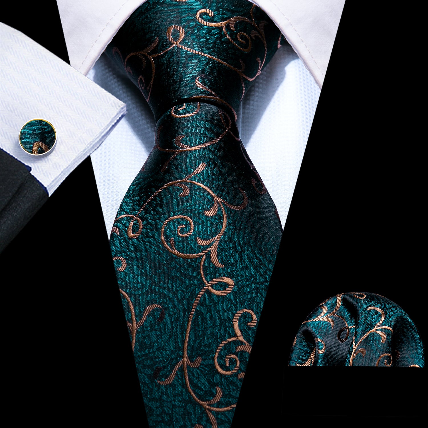 Barry Wang Green Tie Gold Paisley Silk Tie Hanky Cufflinks Tie Clip Set 4PC for Men