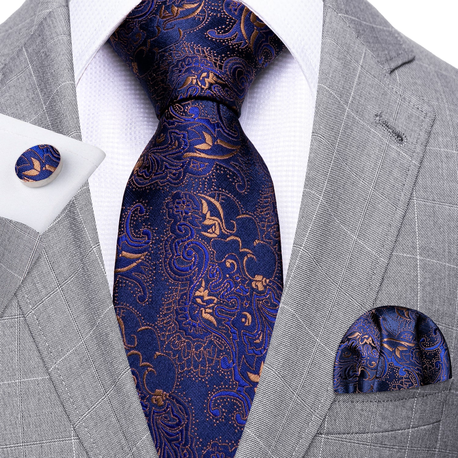 Grey Suit White Shirt Blue Tie Brown pattern