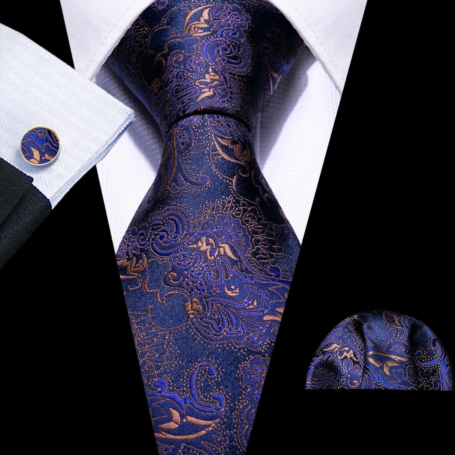 Barry. Wang MidnightBlue Tie 4PCS Paisley Silk Tie Set with Metal Clip