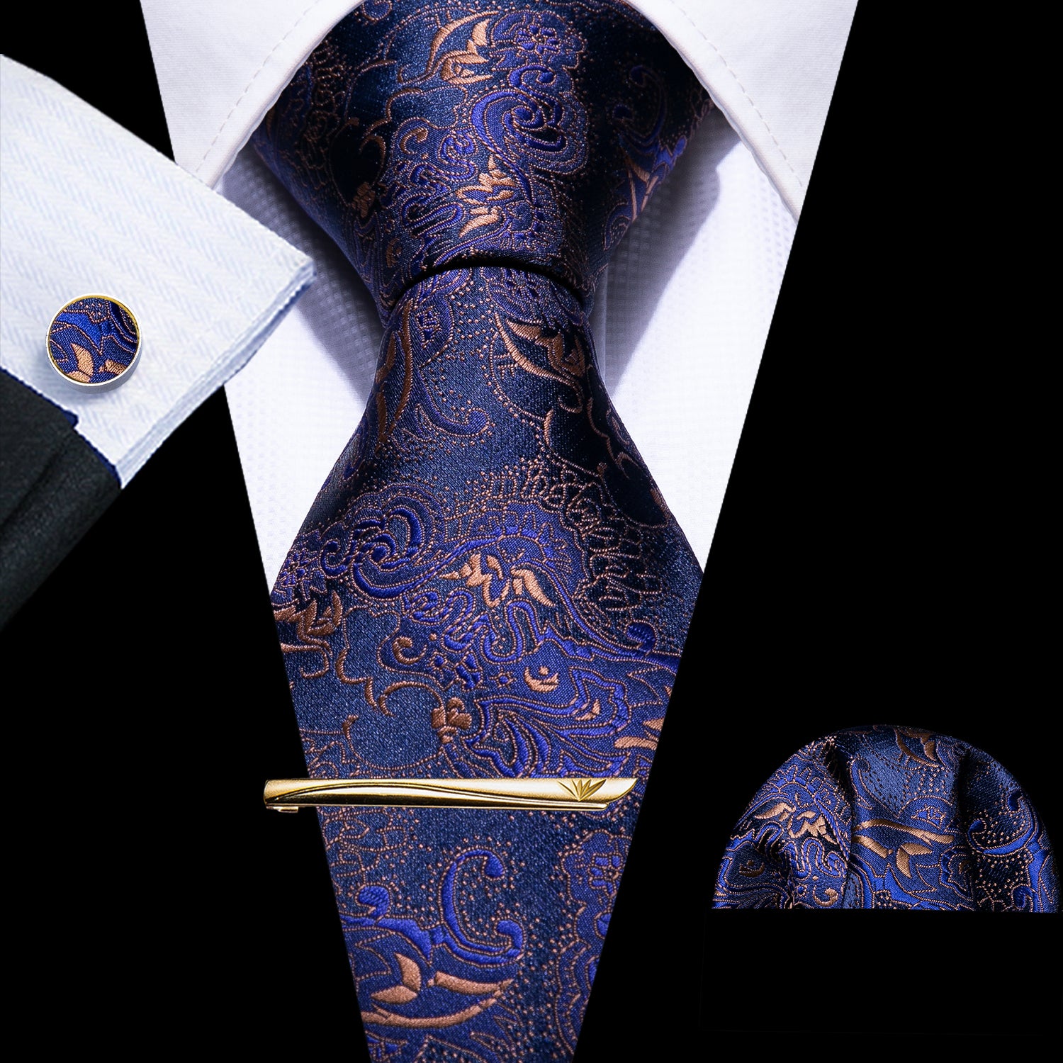 Barry. Wang MidnightBlue Tie 4PCS Paisley Silk Tie Set with Metal Clip