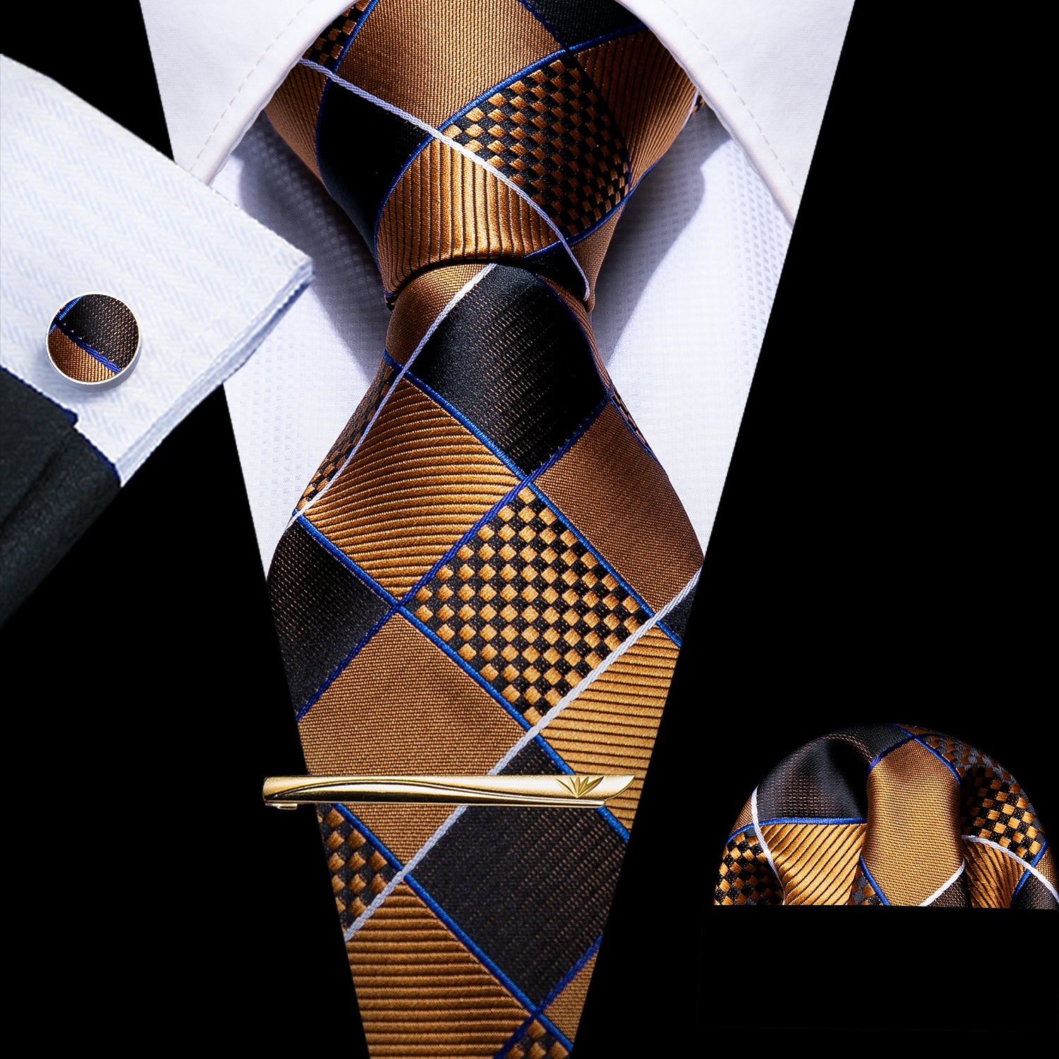 Barry. Wang 4PCS  Gold Brown Geometry Plaid Silk Tie Hanky Cufflinks Tie Clip Set