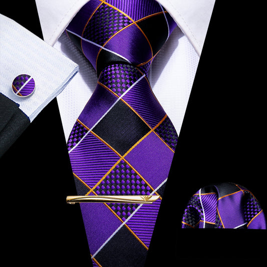 4PCS Purple Geometry Plaid Silk Tie Hanky Cufflinks Tie Clip Set
